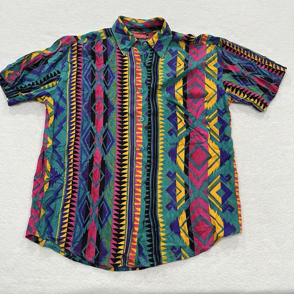 Vintage CC Hughes Shirt Womens Medium Button Up short Sleeve 90S Colorful